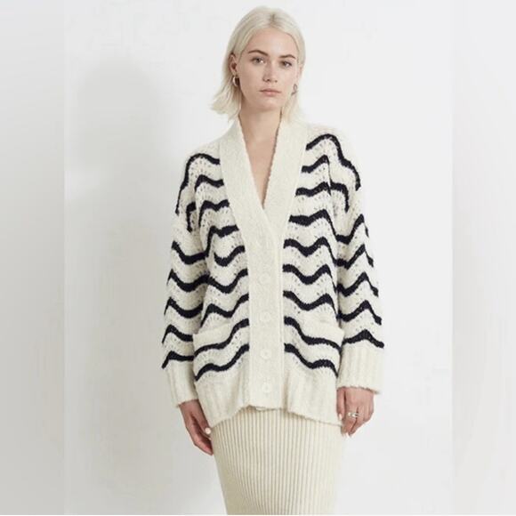 ELEVEN SIX Monica Cardigan Sweater Womens XS/S Ivory Black Relaxed Alpaca Preppy - Picture 1 of 12
